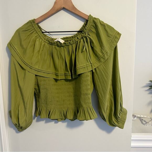 Ramy Brook Green Smocked Long Sleeve Crop Blouse Top Medium - Picture 8 of 10